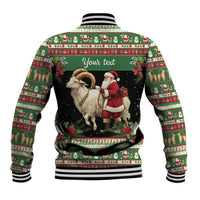 Green back baseball jacket with goat and Santa graphic, striped ribbed hem and cuffs