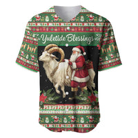 Green holiday baseball jersey with goat and Santa graphic, 'Yuletide Blessings' text