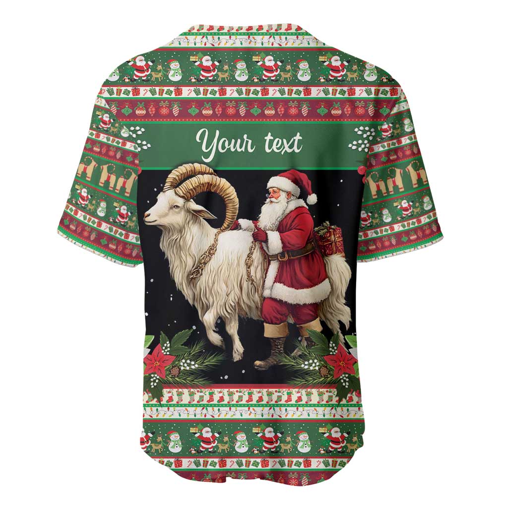 Green holiday baseball jersey with goat and Santa, 'Your text' area on front