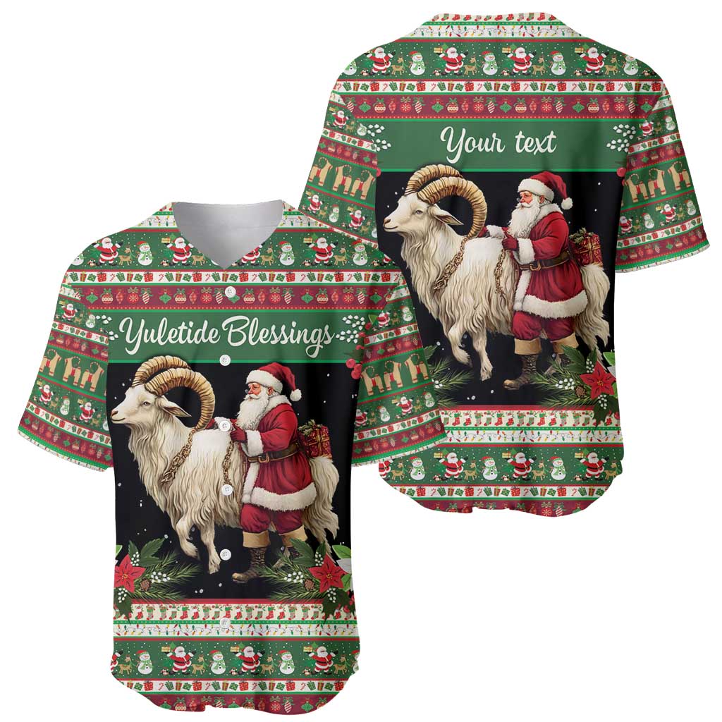 Pair of green holiday baseball jerseys: goat and Santa on front and back, 'Your text'