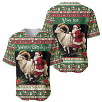 Pair of green holiday baseball jerseys: goat and Santa on front and back, 'Your text'