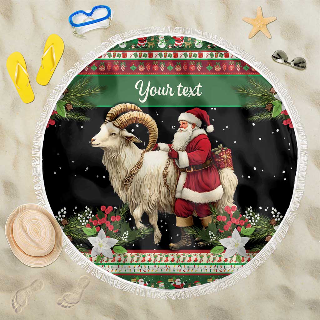 Personalized round beach blanket, green border with Santa and goat graphic, white fringe