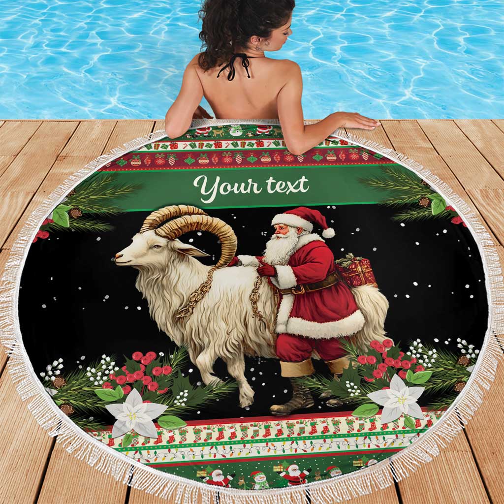Round beach blanket showing Santa and goat artwork, green center panel, white tassel fringe