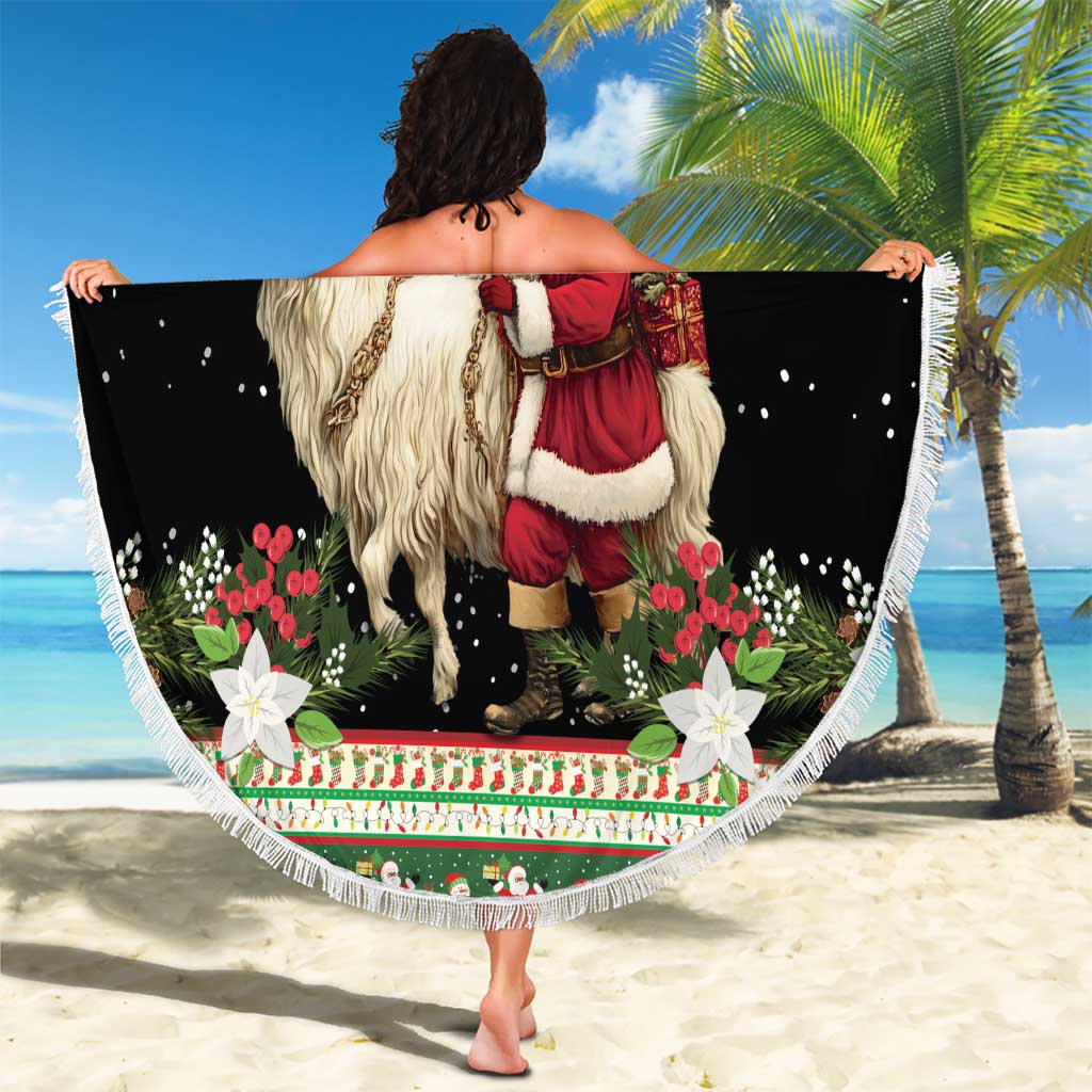 Round beach blanket with Santa and goat graphic, green border design, white tassel fringe