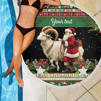 Round personalized beach blanket with Santa and goat illustration, green border, white fringe edge
