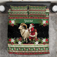 Green and black holiday bedding set with goat and Santa, custom text panel