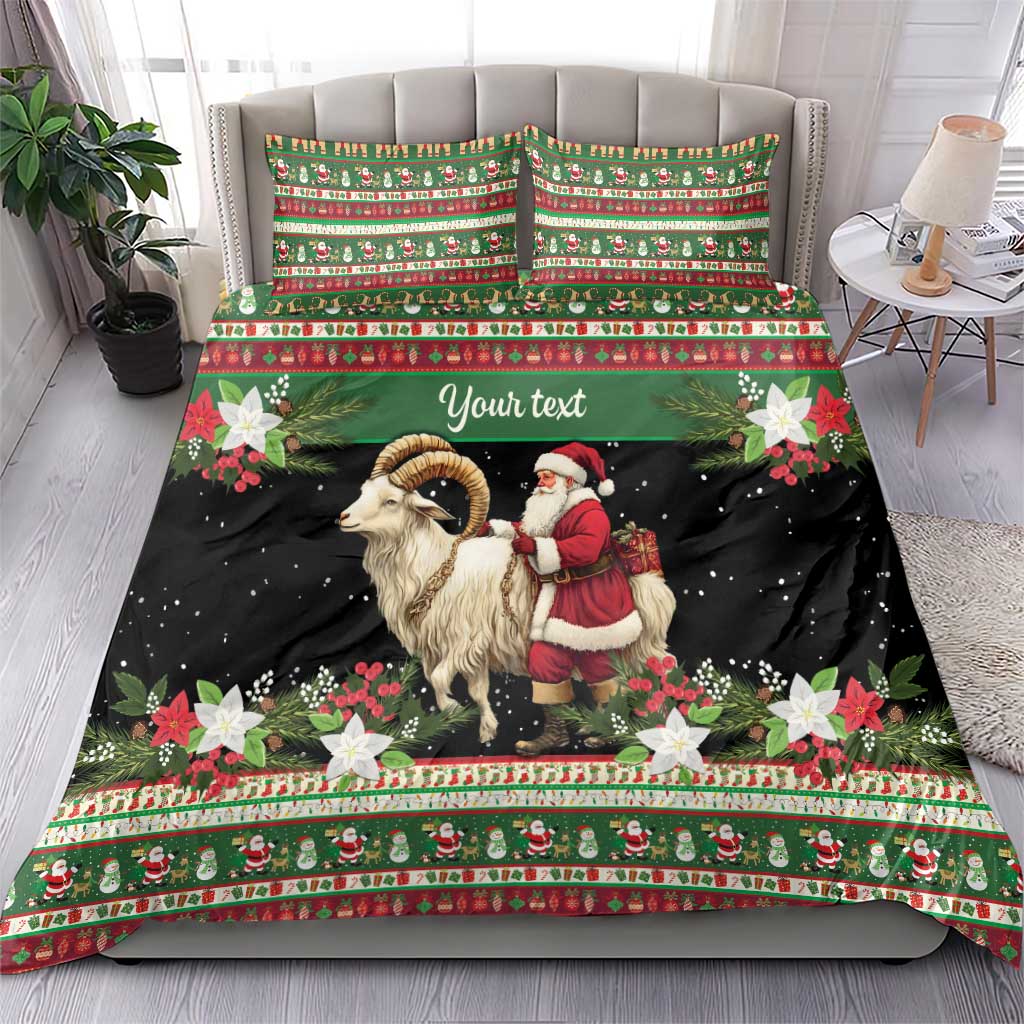 Green and black holiday bedding set with goat and Santa plus custom text panel