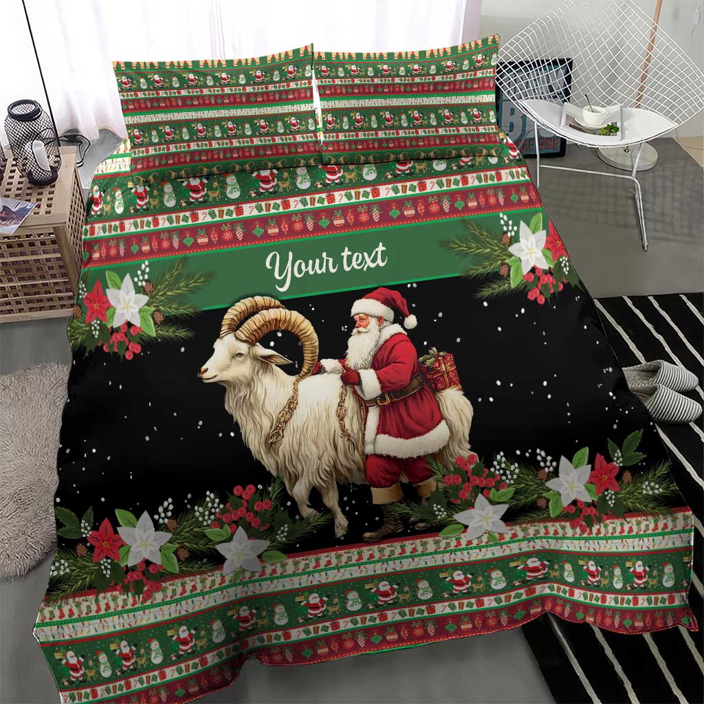 Green and black holiday bedding set featuring goat and Santa with custom text panel