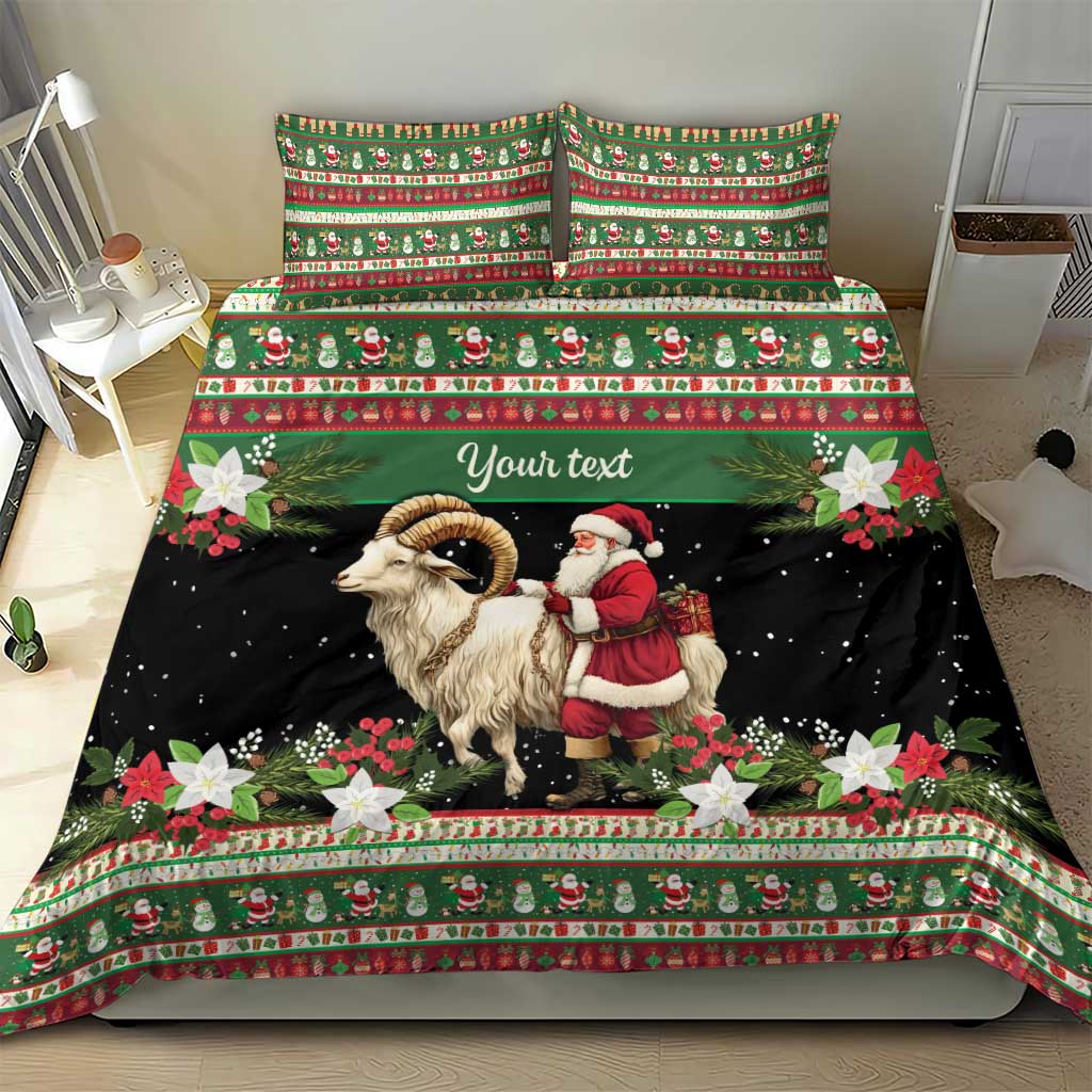 Green and black holiday bedding set with goat and Santa artwork, custom text panel