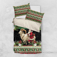 Green and black holiday duvet and pillow set with goat, Santa, and custom text