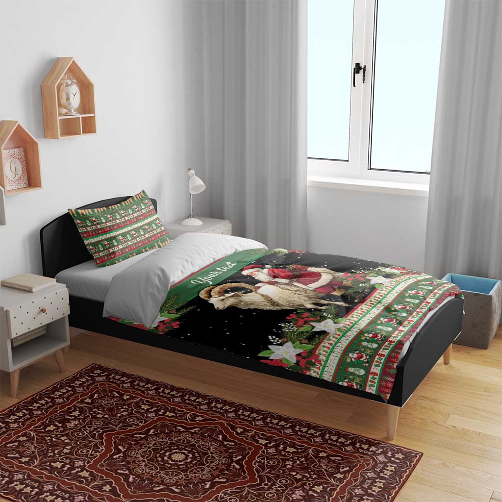 Green and black holiday bedding set on bed with goat and Santa, custom text panel