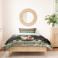 Green and black holiday bedding set with goat and Santa, custom text panel on duvet