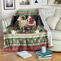 Personalized holiday blanket in green and black with goat and Santa, 'Your text' banner