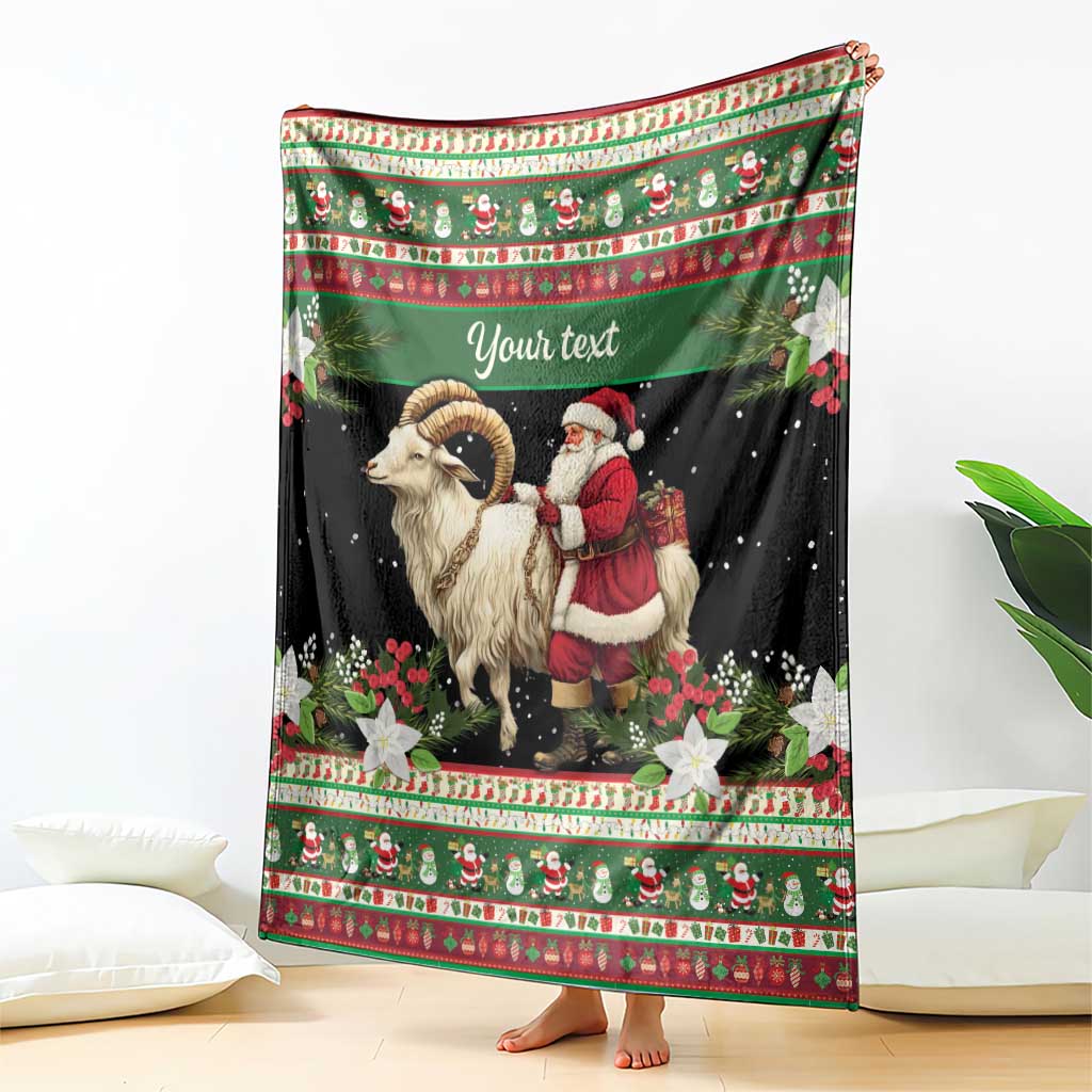 Personalized holiday blanket featuring goat and Santa with festive border and 'Your text'