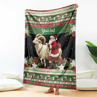 Personalized holiday blanket featuring goat and Santa with festive border and 'Your text'
