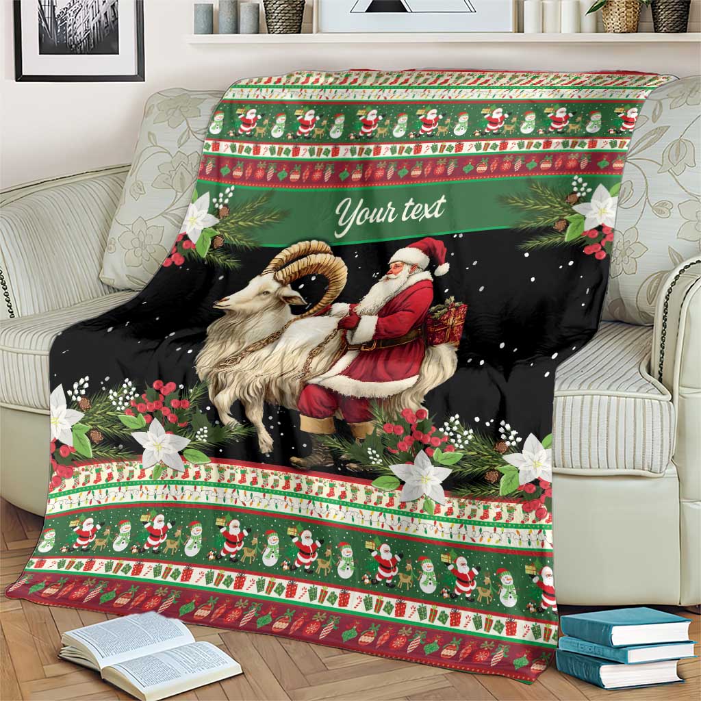 Personalized holiday blanket, green and black with goat and Santa figures and 'Your text'