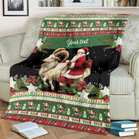 Personalized holiday blanket, green and black with goat and Santa figures and 'Your text'