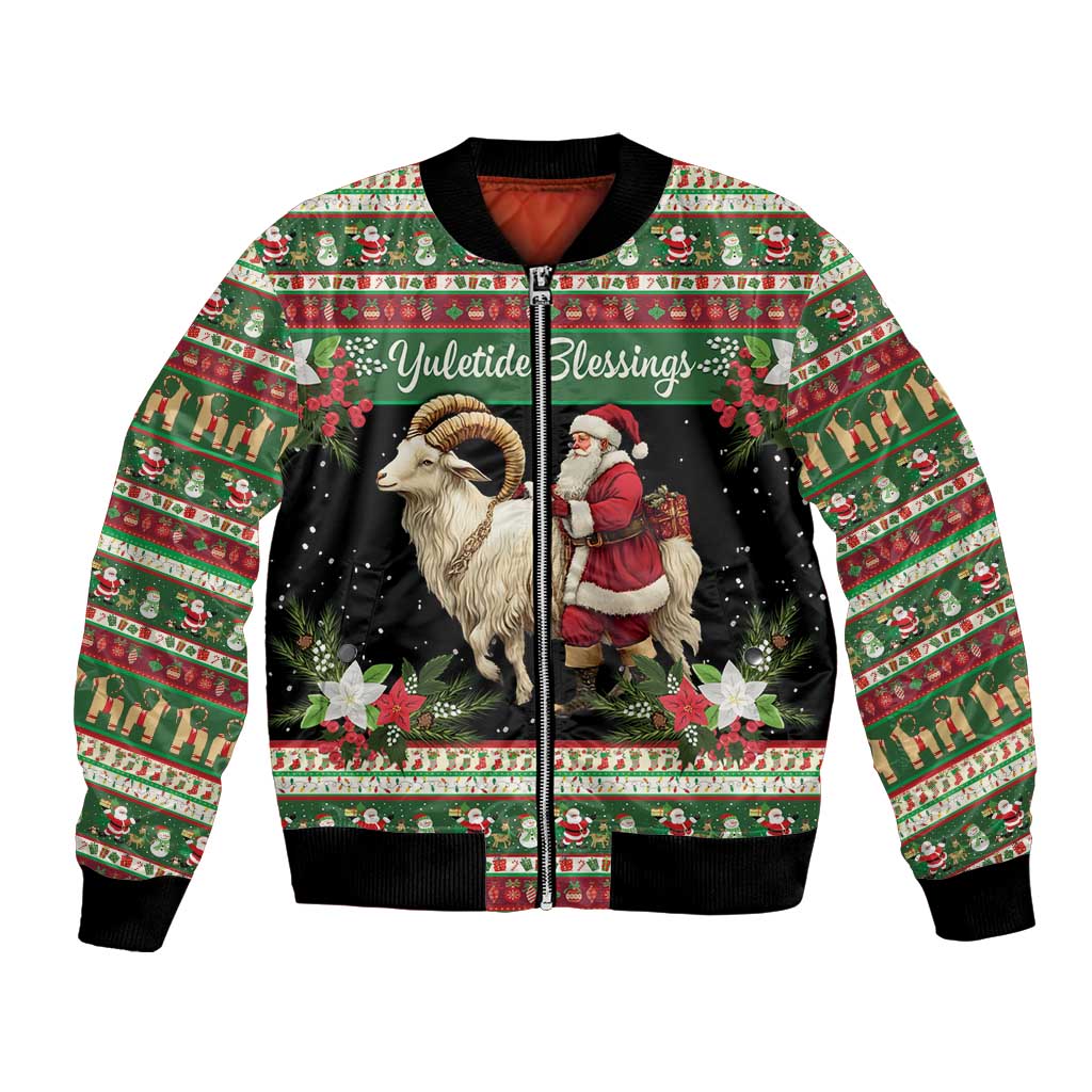 Green unisex bomber jacket with goat and Santa holiday print, front zip and ribbed cuffs