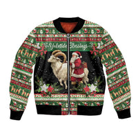 Green unisex bomber jacket with goat and Santa holiday print, front zip and ribbed cuffs