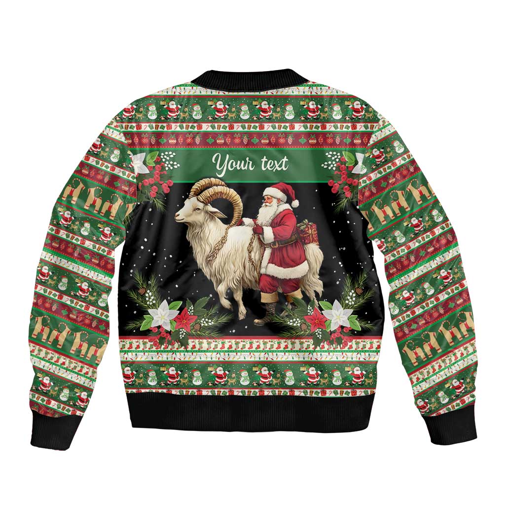 Green unisex bomber jacket back with goat and Santa, 'Your text' panel, ribbed hem