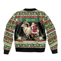 Green unisex bomber jacket back with goat and Santa, 'Your text' panel, ribbed hem