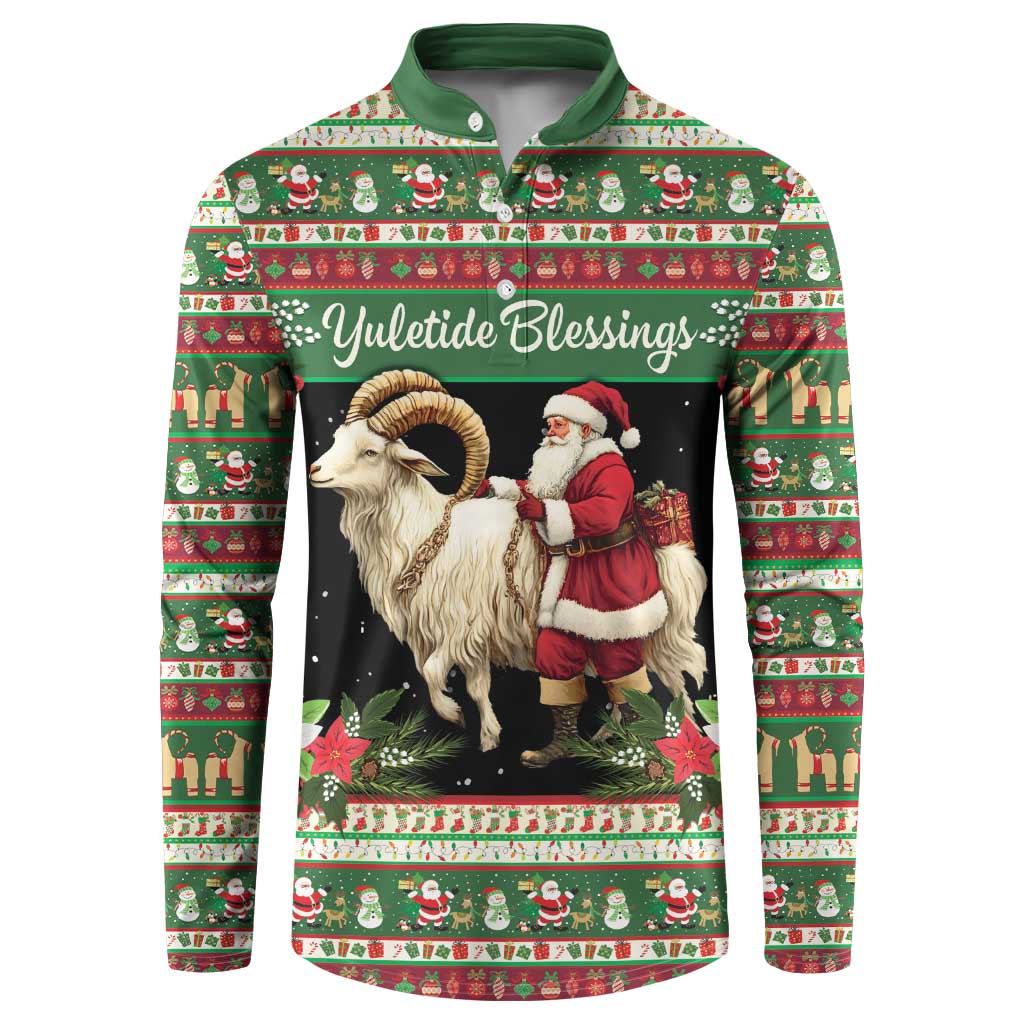 Green holiday button sweatshirt with goat and Santa graphic, 'Yuletide Blessings' print