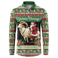 Green holiday button sweatshirt with goat and Santa graphic, 'Yuletide Blessings' print
