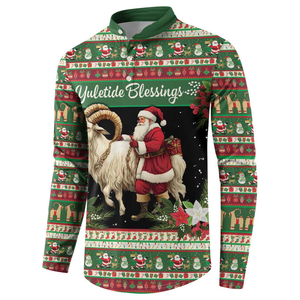 Green holiday button sweatshirt with goat and Santa graphic, 'Yuletide Blessings' front view