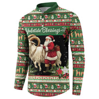 Green holiday button sweatshirt with goat and Santa graphic, 'Yuletide Blessings' front view