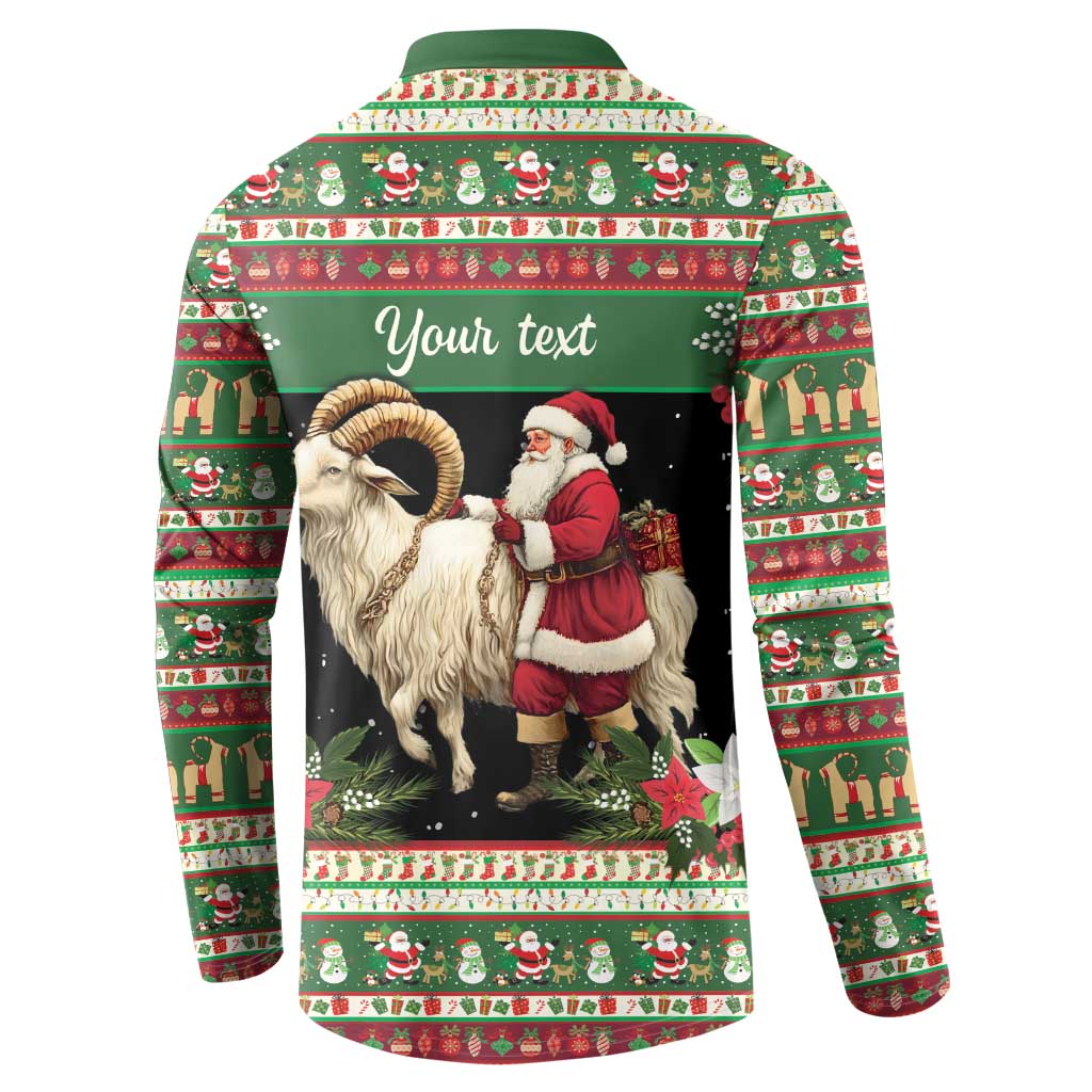 Green holiday button sweatshirt back with goat and Santa graphic, 'Your text' banner