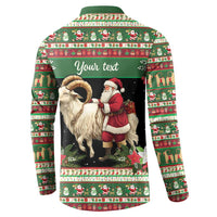 Green holiday button sweatshirt back with goat and Santa graphic, 'Your text' banner