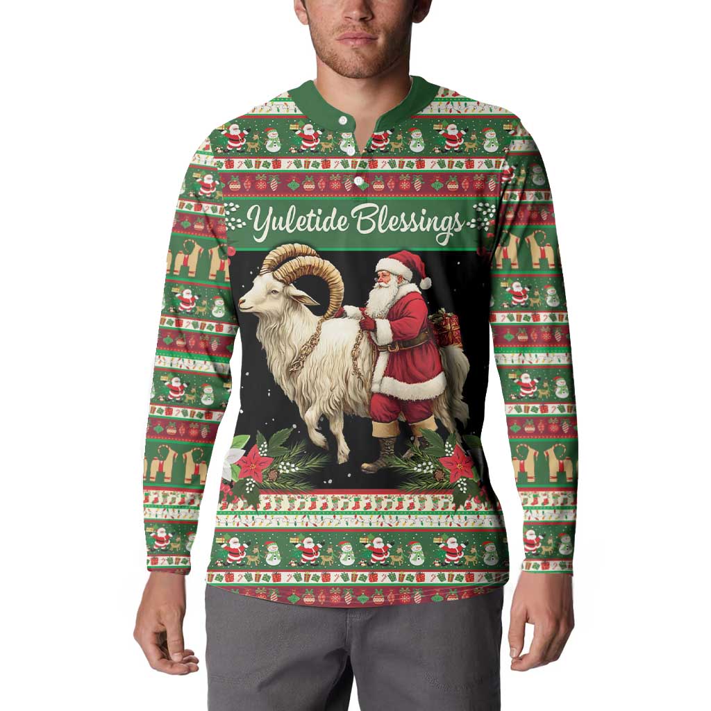 Green holiday button sweatshirt worn by model, goat and Santa graphic with 'Yuletide Blessings'