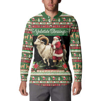 Green holiday button sweatshirt worn by model, goat and Santa graphic with 'Yuletide Blessings'