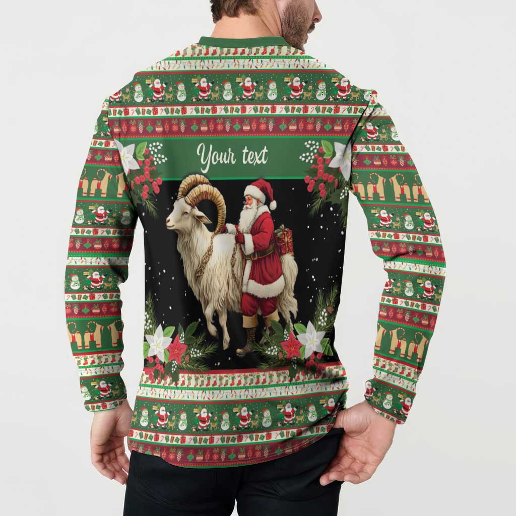 Green holiday button sweatshirt back view, goat and Santa graphic on black center panel