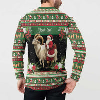 Green holiday button sweatshirt back view, goat and Santa graphic on black center panel
