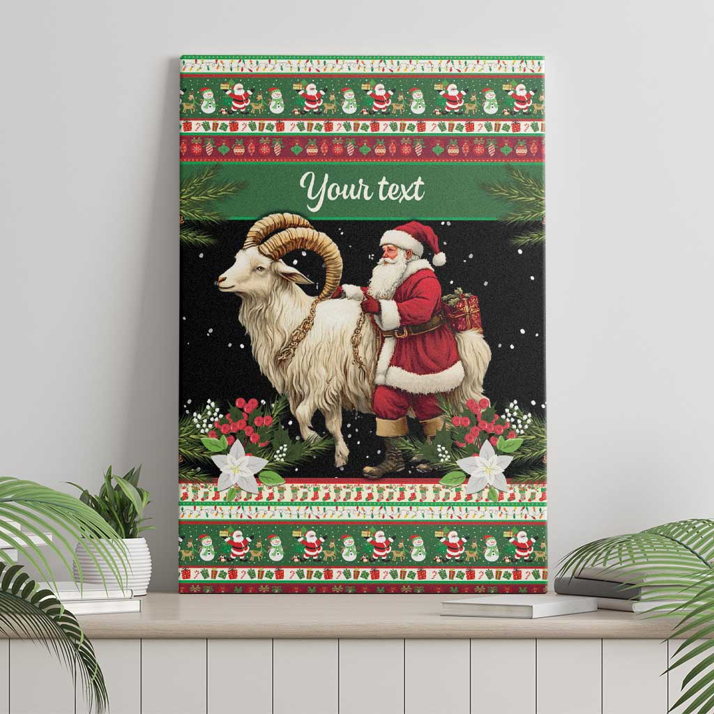 Green canvas wall art with white goat and Santa, 'Your text' at center