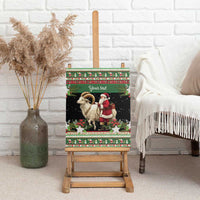 Green canvas wall art with white goat and Santa on easel, 'Your text'