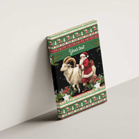 Green canvas wall art with white goat and Santa, 'Your text' on black center