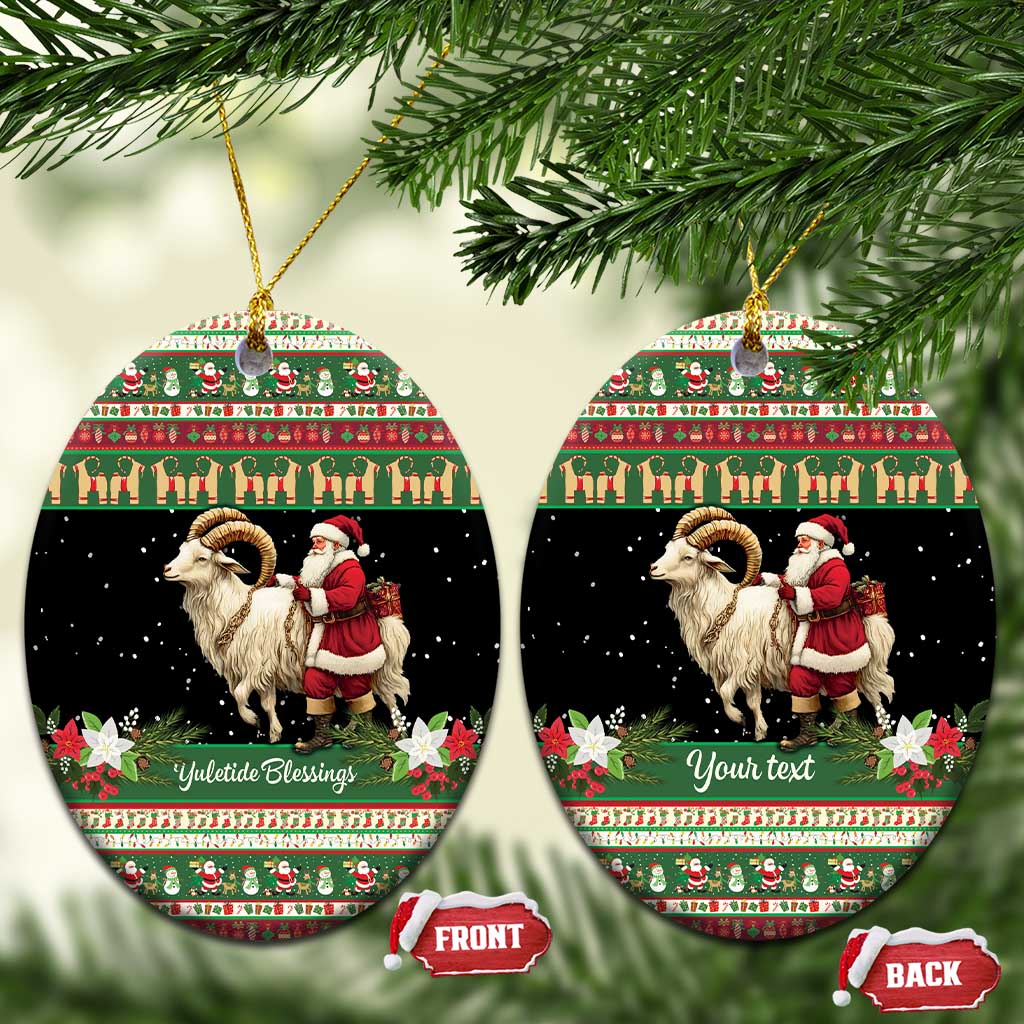 Pair of round green ceramic Christmas ornaments with goat and Santa; “Your text” shown on one.