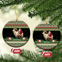 Two round green ceramic ornaments with goat and Santa; one reads “Yule tide Blessings.”