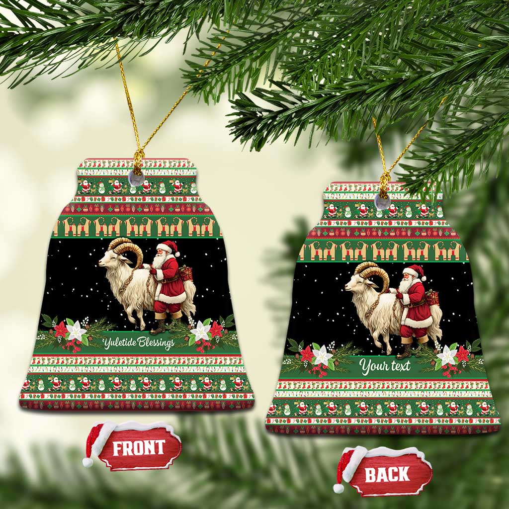 Bell-shaped green ceramic ornament with goat and Santa; one says Yule tide Blessings.