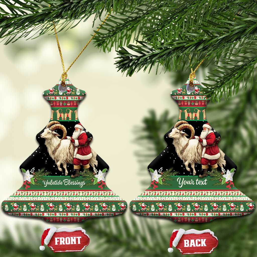Bell-shaped green ceramic ornament set with goat and Santa, with “Front” and “Back” tags.