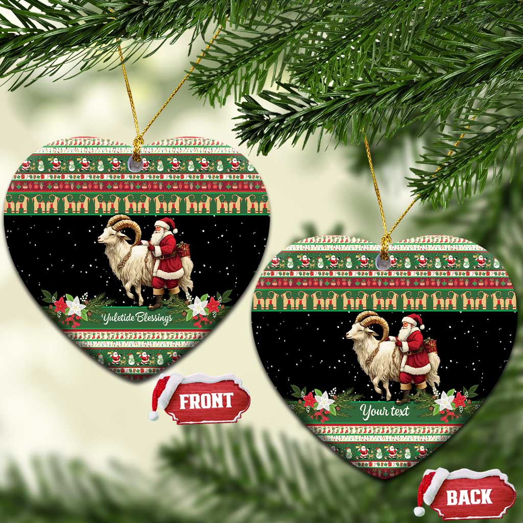 Heart-shaped green ceramic Christmas ornament with goat and Santa; includes Yule tide text.