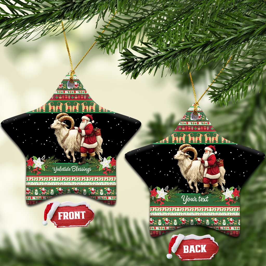 Star-shaped green ceramic ornaments with goat and Santa; one says “Your text.”