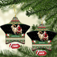 Star-shaped green ceramic ornaments with goat and Santa; one says “Your text.”