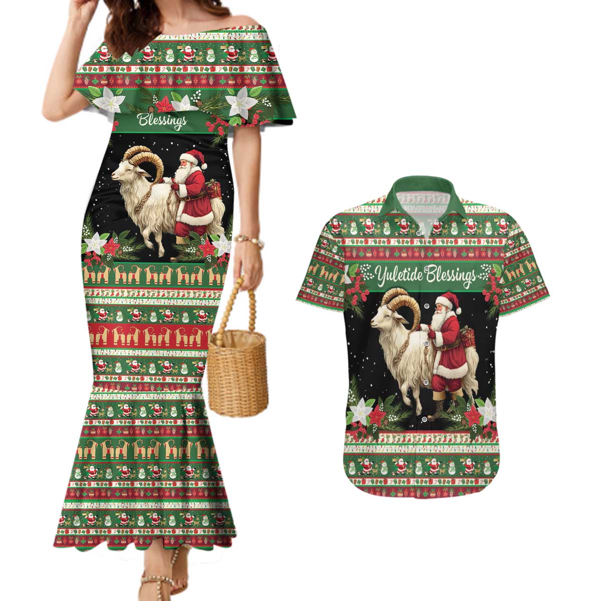 Yule Goat Personalized Couples Matching Mermaid Dress and Hawaiian Shirt Scandanavian Mythology LT9 - Wonder Print Shop