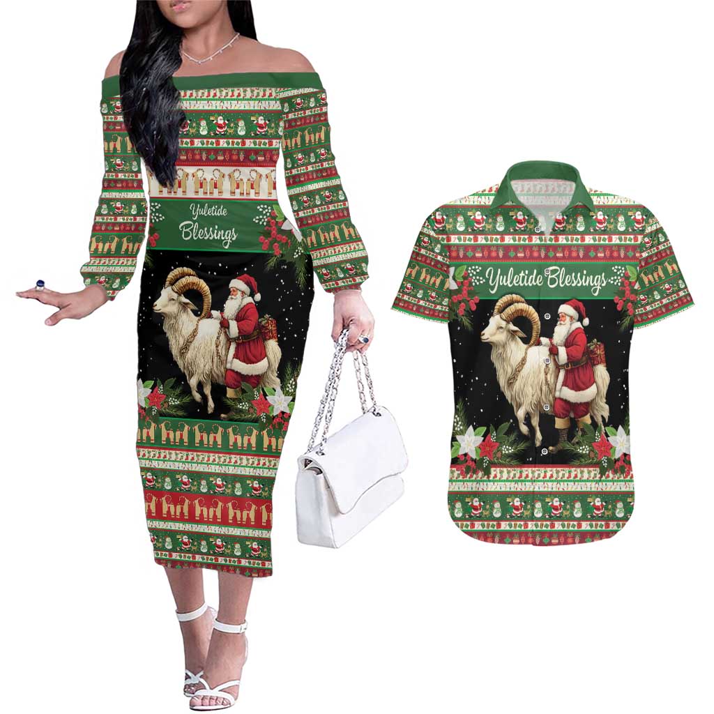 Yule Goat Personalized Couples Matching Off The Shoulder Long Sleeve Dress and Hawaiian Shirt Scandanavian Mythology LT9 - Wonder Print Shop