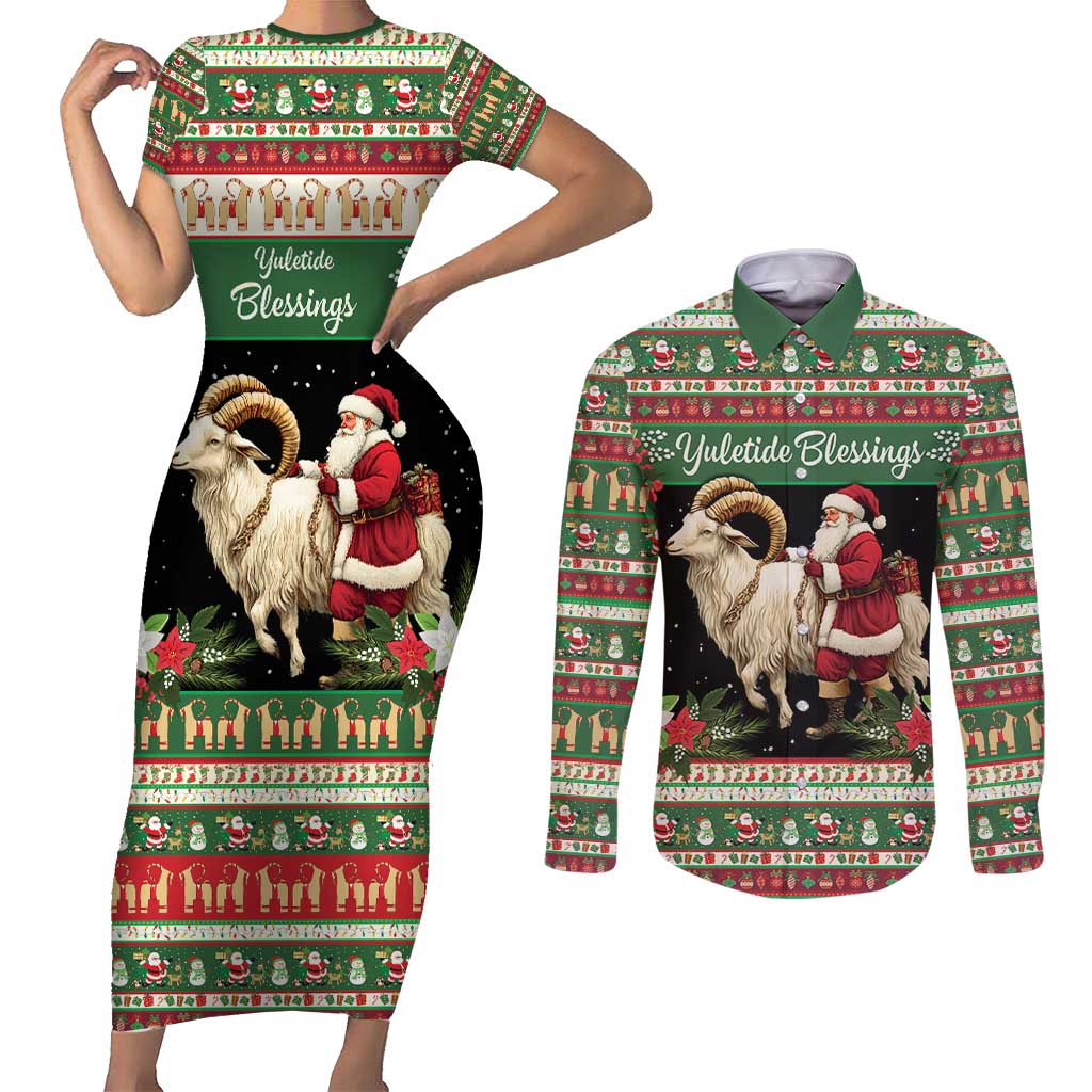 Yule Goat Personalized Couples Matching Short Sleeve Bodycon Dress and Long Sleeve Button Shirt Scandanavian Mythology LT9 - Wonder Print Shop