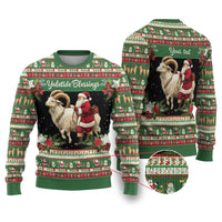 Green Christmas sweater with goat and Santa graphic, festive striped cuffs and neckline