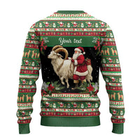 Green Christmas sweater back with goat and Santa graphic and “Your text” banner, striped trim